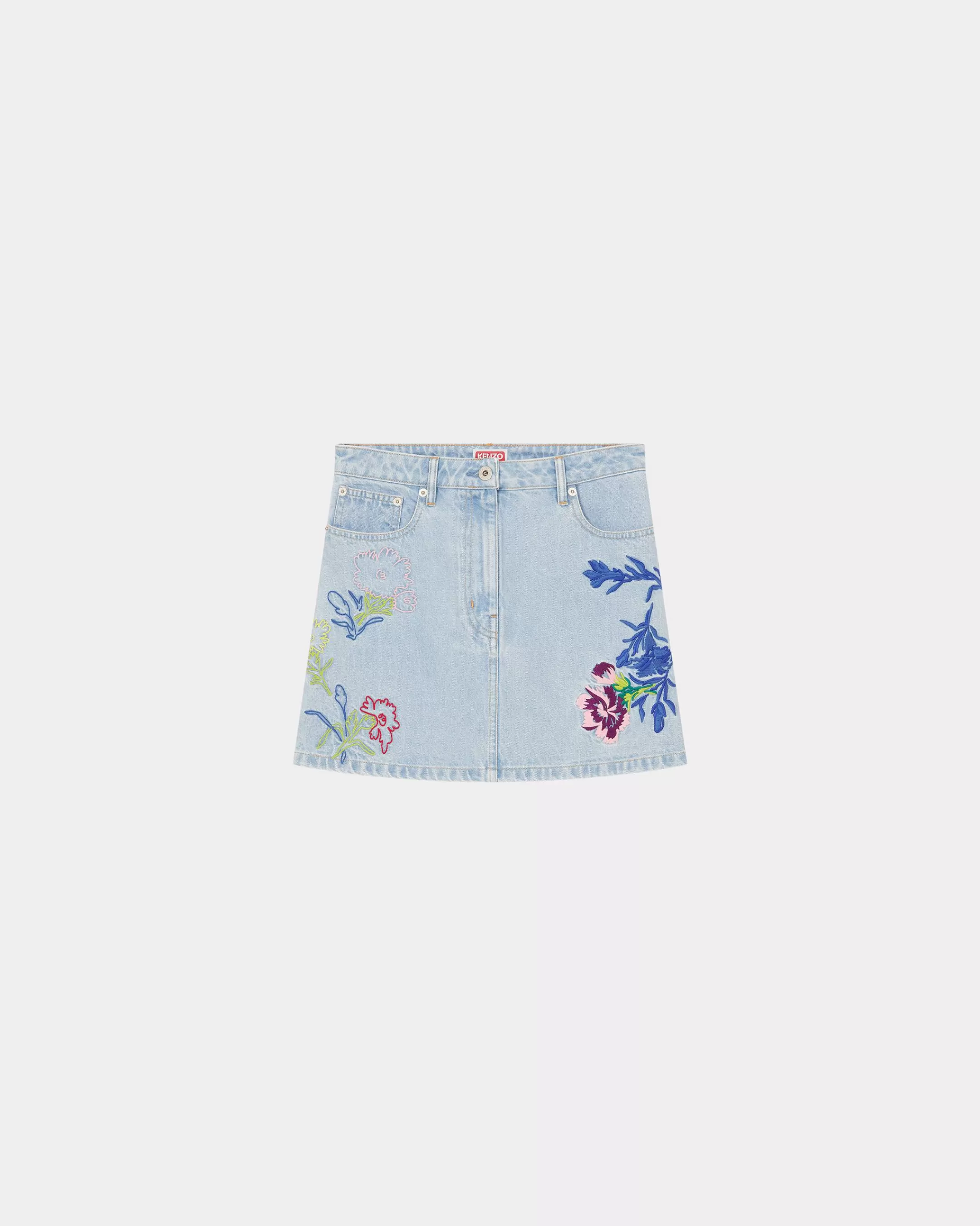 Denim | Dresses and Skirts*KENZO ' Drawn Flowers' embroidered mini skirt Stone Bleached Blue Denim