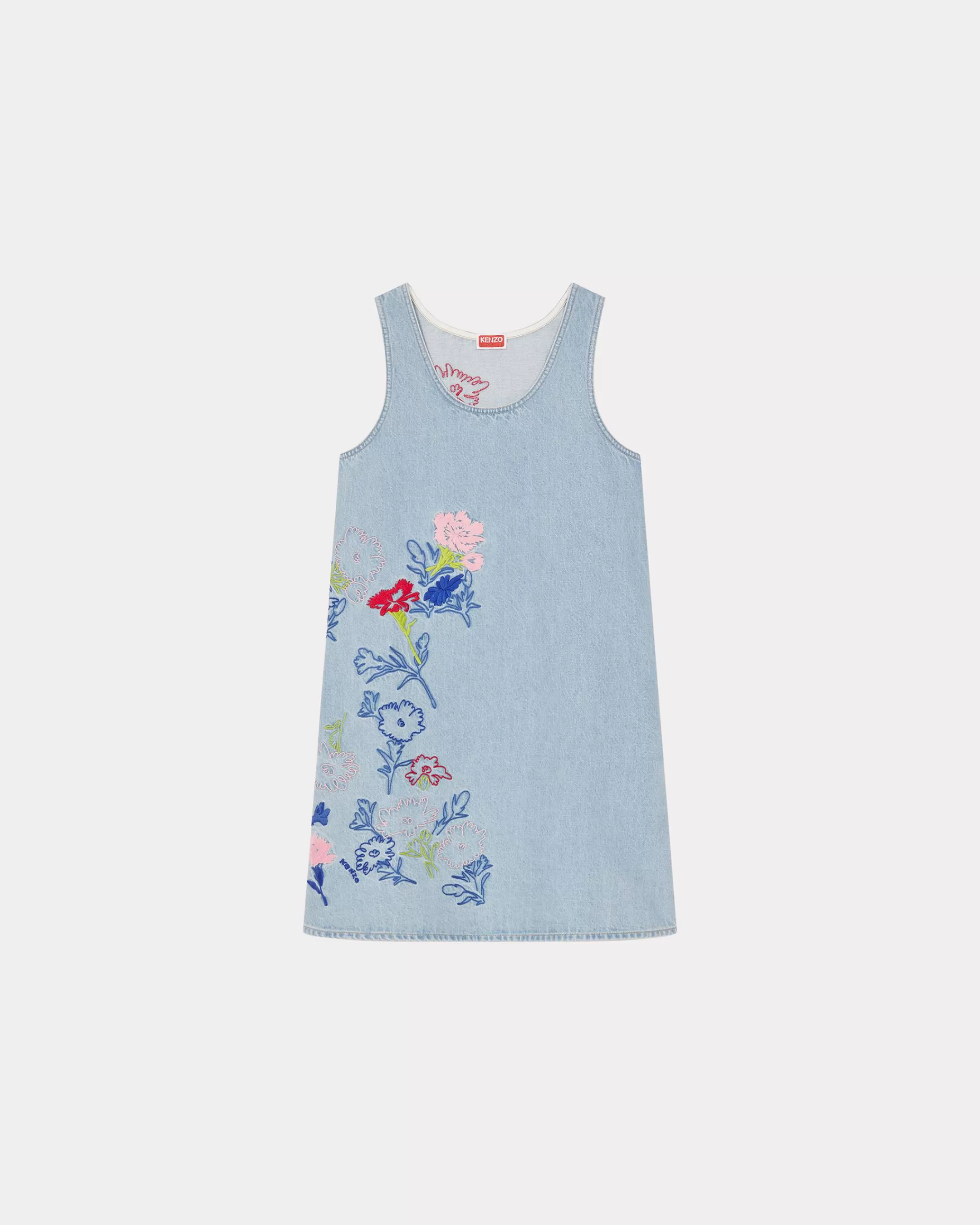 Denim | Dresses and Skirts*KENZO ' Drawn Flowers' sleeveless embroidered dress Stone Bleached Blue Denim